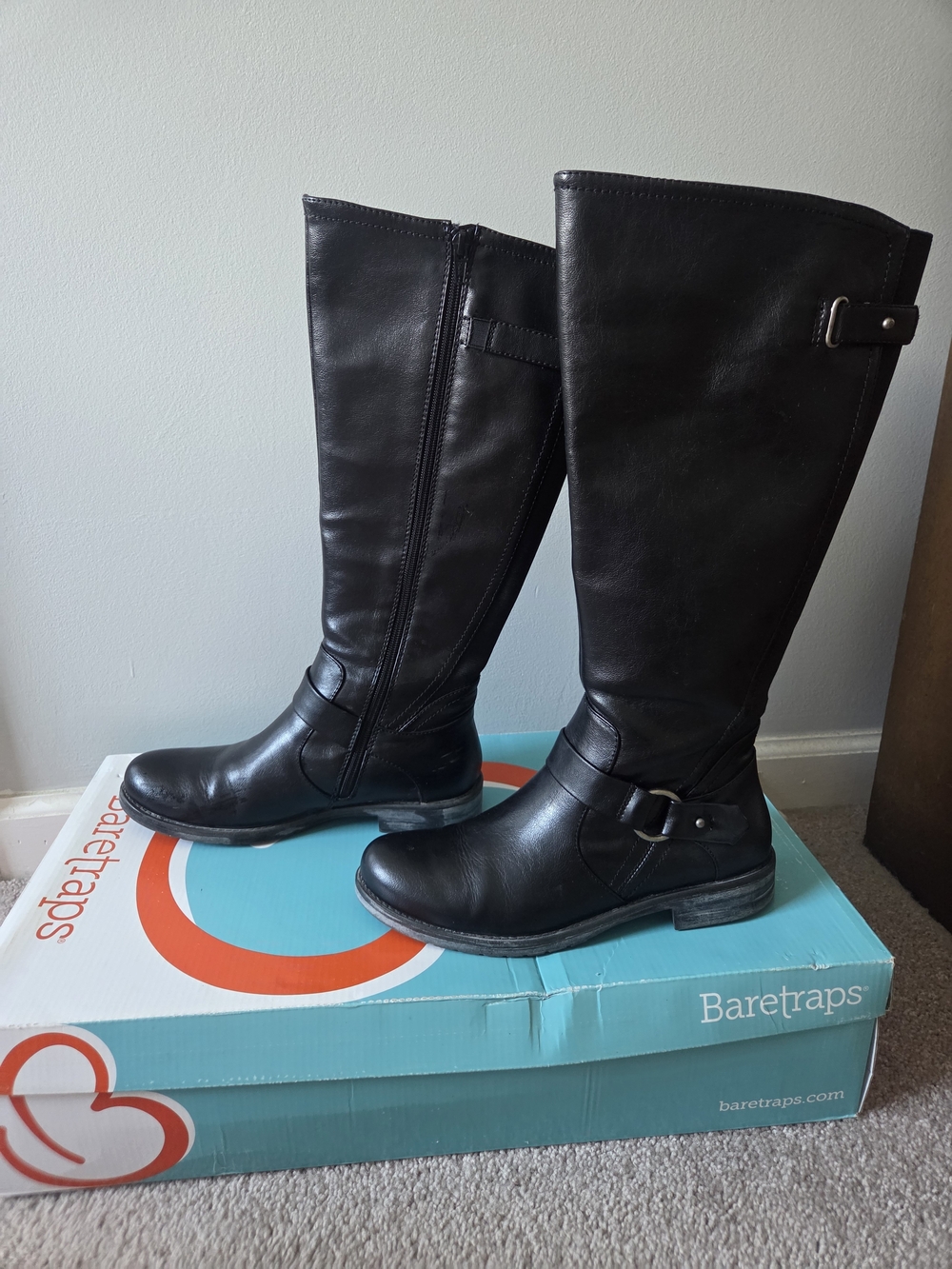 BareTraps Black Leather Tall Riding Boots with Buckle Detail